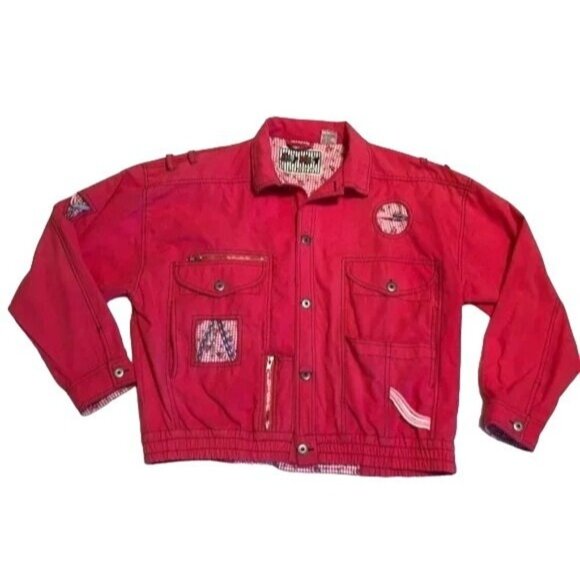 VTG 80s East West Panda Group Trucker Style Jacket Sz L Pink with Embellishments - Picture 1 of 5